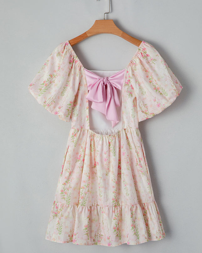 Pink Floral Puff Sleeve Square Neck Knotted Backless Ruffle Mini Dress
