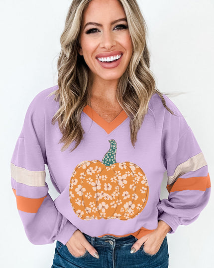 Orchid Bouquet Floral Pumpkin Graphic Color Block Sleeve Sweatshirt