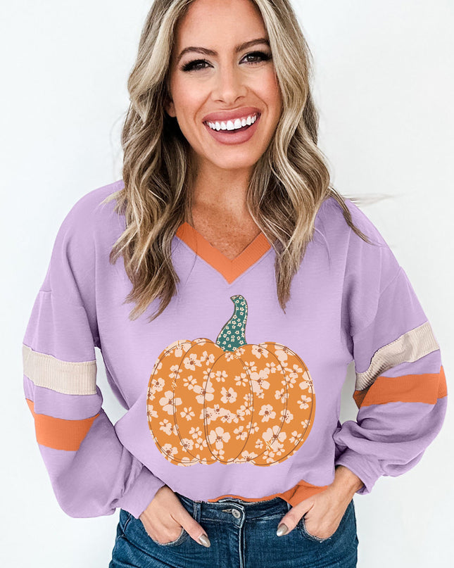 Orchid Bouquet Floral Pumpkin Graphic Color Block Sleeve Sweatshirt