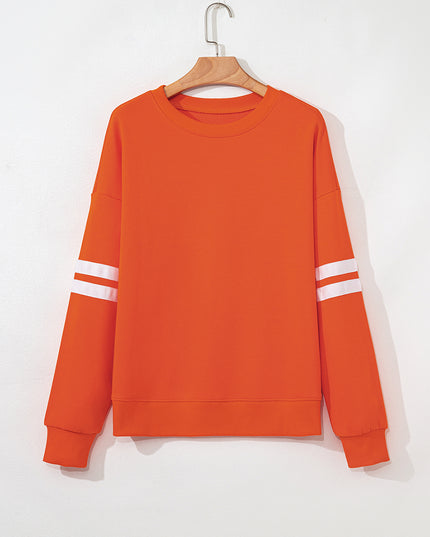 Fiery Red Preppy Striped Sleeve Loose Sweatshirt