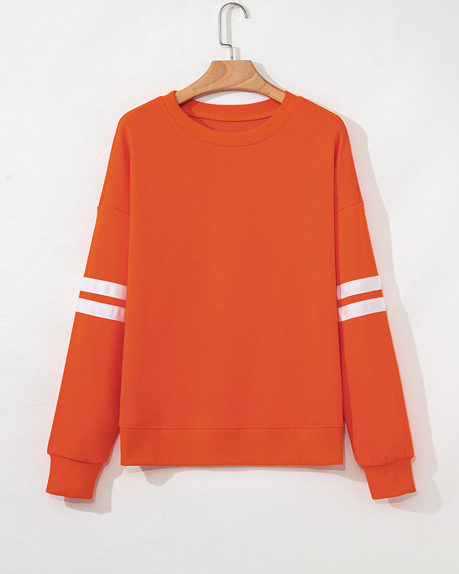 Fiery Red Preppy Striped Sleeve Loose Sweatshirt