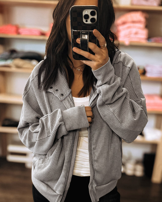 Gray Waffle Splicing Zip Up Front Button Hooded Jacket