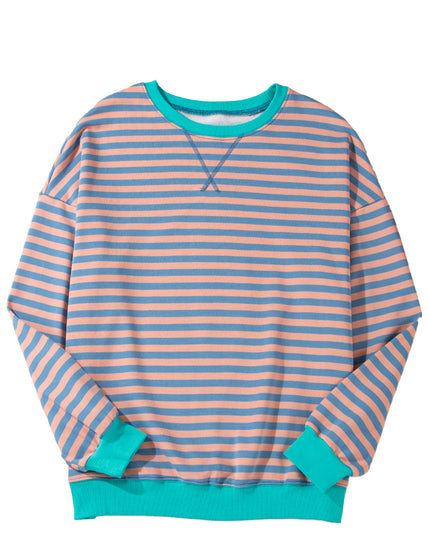 Blue Striped Contrast Trim Drop Shoulder Sweatshirt