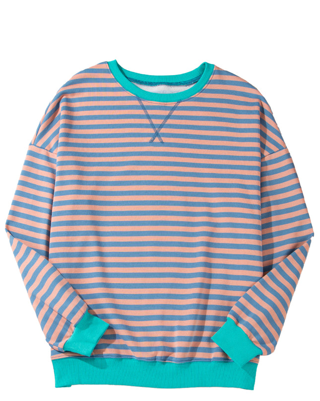 Blue Striped Contrast Trim Drop Shoulder Sweatshirt
