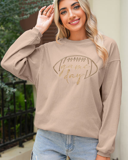 Dark Blue Football Graphic Drop Shoulder Game Day Corded Sweatshirt