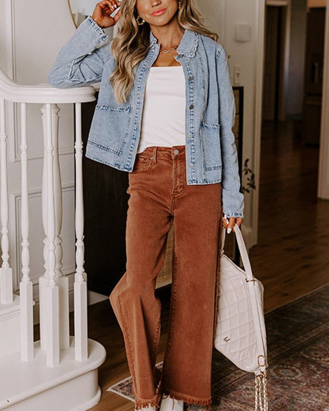 Myosotis Scallop Trim Collar Pocket Button Up Denim Jacket