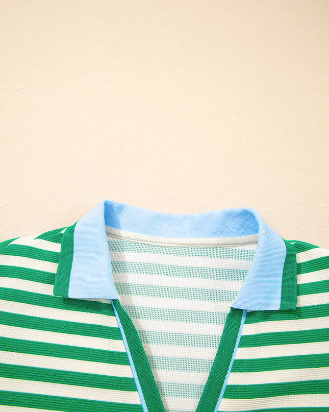 Green Striped Ruffle Short Sleeve Pop of Color Neckline Dress