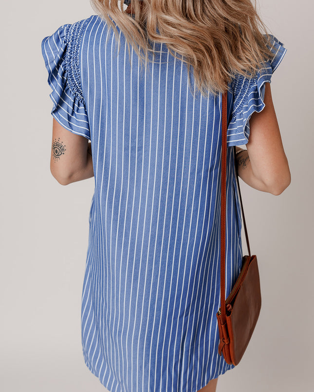 Sky Blue Stripe Frilly Split Neck Shirred Ruffle Sleeve Mini Shift Dress