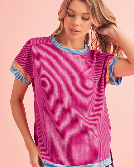 Rose Red Textured Colorblock Round Neck T Shirt