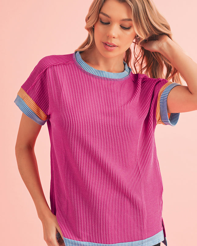 Rose Red Textured Colorblock Round Neck T Shirt