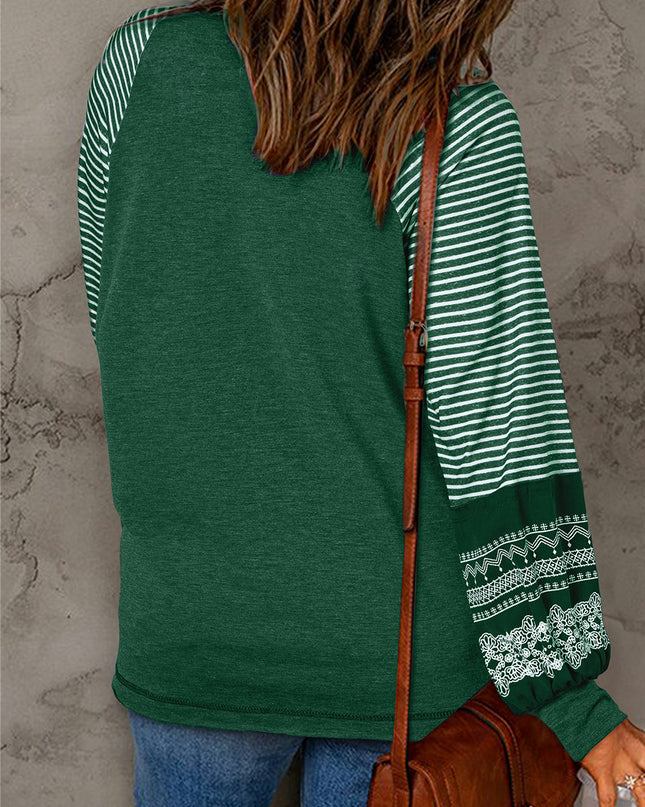 Rose Red Contrast Print Striped Raglan Long Sleeve Loose Top