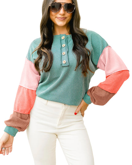 Multicolour Twisted Ribbed Colorblock Patchwork Henley Top