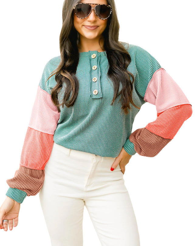 Multicolour Twisted Ribbed Colorblock Patchwork Henley Top