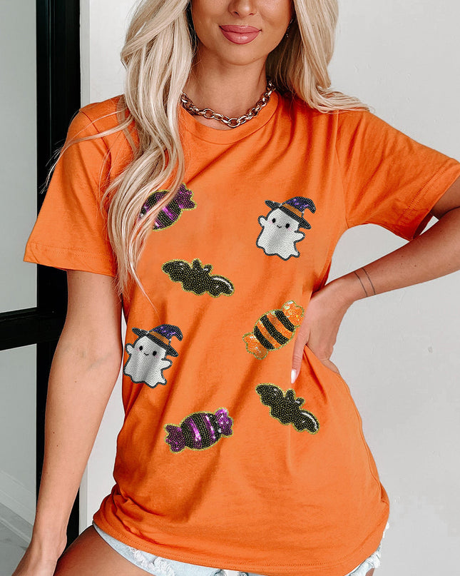 Black Sequined Halloween Spirit Pattern Patched Custom Casual Tee