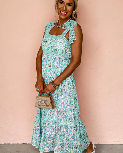 Green Floral Lace Tied Strap Empire Waist Maxi Dress