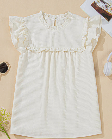 White Solid Color Ruffle Trim Waffle Textured Blouse