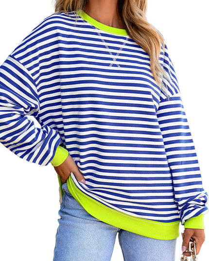 Blue Striped Contrast Trim Drop Shoulder Sweatshirt
