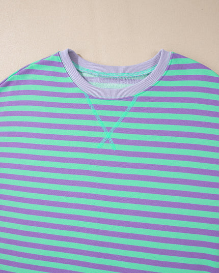 Blue Striped Contrast Trim Drop Shoulder Sweatshirt