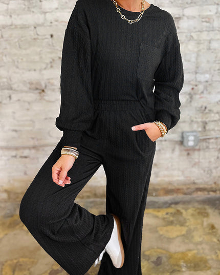 Black Textured Chest Pocket Drop Sleeve Top and Pants Set