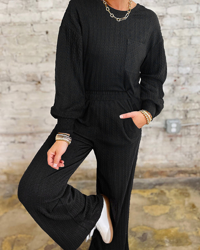 Black Textured Chest Pocket Drop Sleeve Top and Pants Set