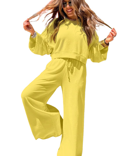 Mist Blue Wide-Leg Lounge Set | Drop Shoulder Crop Pullover & Drawstring Pants