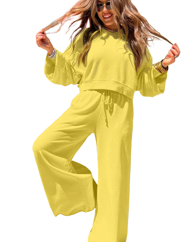 Mist Blue Wide-Leg Lounge Set | Drop Shoulder Crop Pullover & Drawstring Pants