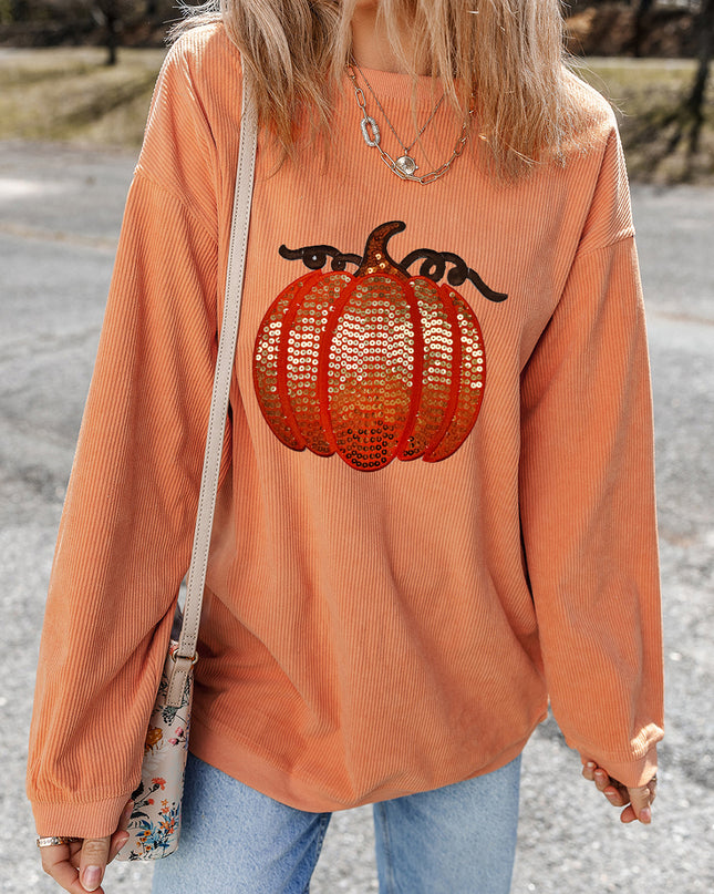 Orange Crinkle Ribbed Halloween Sequin Pumpkin Graphic Sweatshirt
