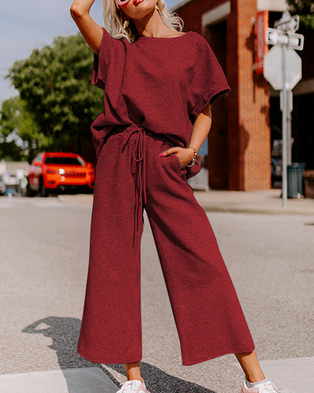 Black Textured Loose Fit T Shirt and Drawstring Pants Set