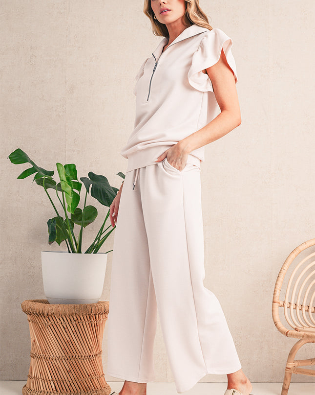 Beau Blue Textured Ruffle Sleeve Zipped Top and Wide Leg Pants Set