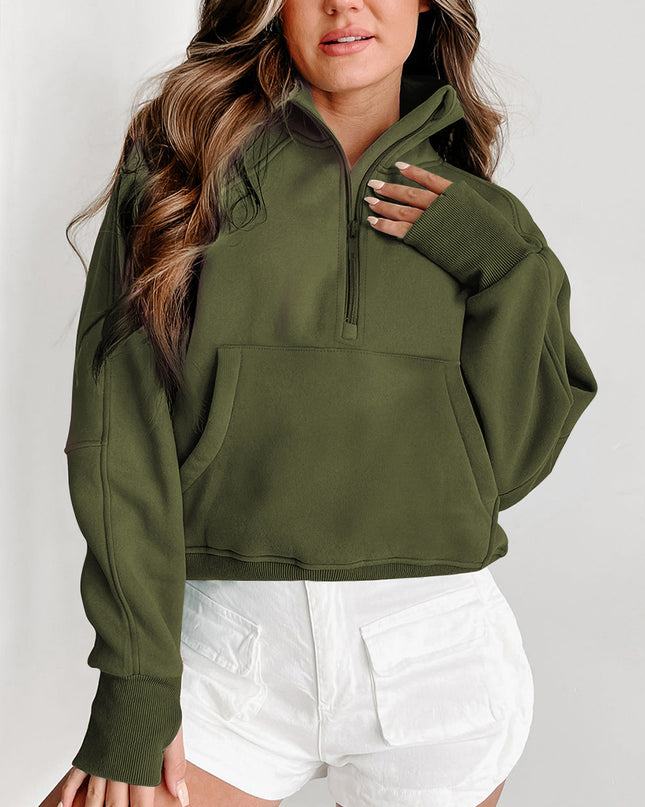 Black Zip Up Stand Collar Ribbed Thumbhole Sleeve Sweatshirt