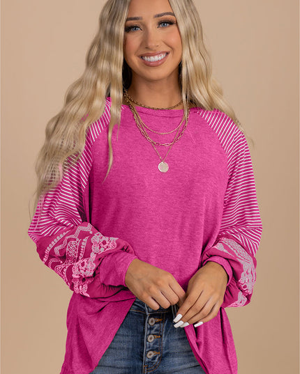 Rose Red Contrast Print Striped Raglan Long Sleeve Loose Top