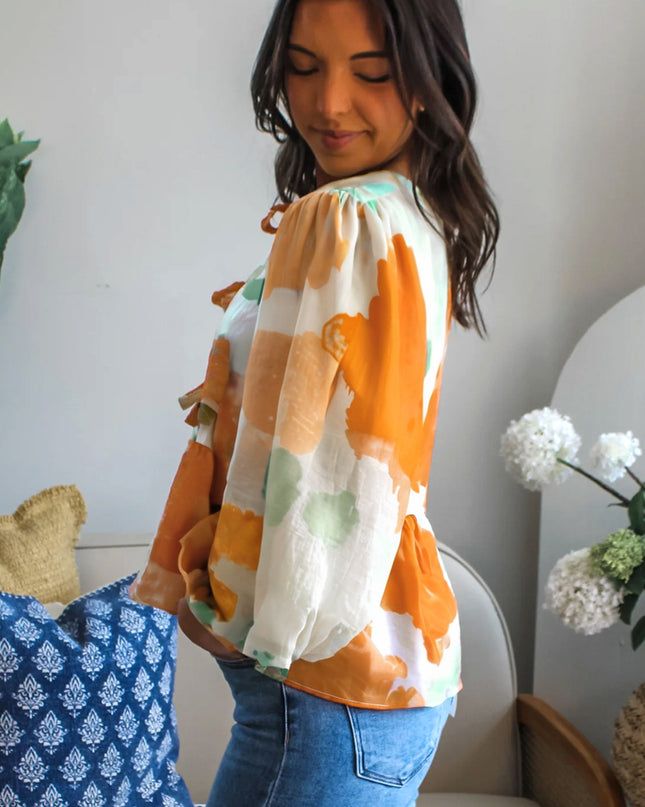 Carrot Abstract Print Bubble Sleeve Bow Front Top