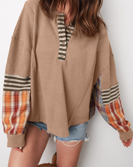 Straw Yellow Waffle Stripe Plaid Patchwork Henley Top