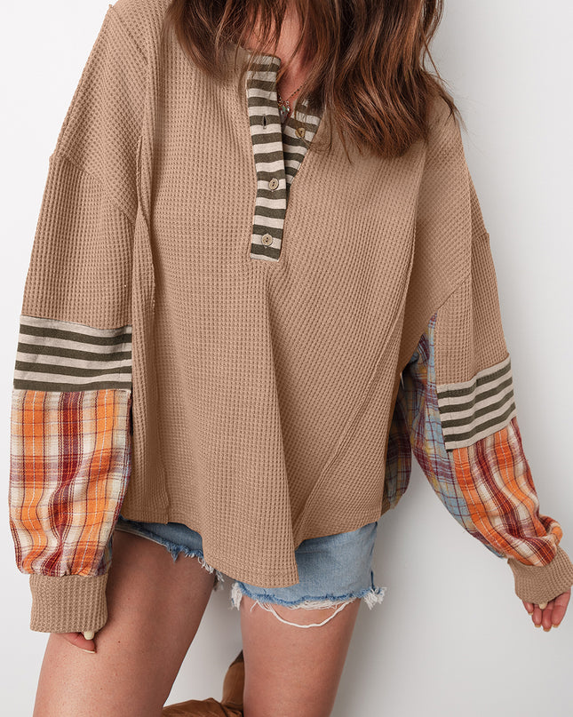 Straw Yellow Waffle Stripe Plaid Patchwork Henley Top