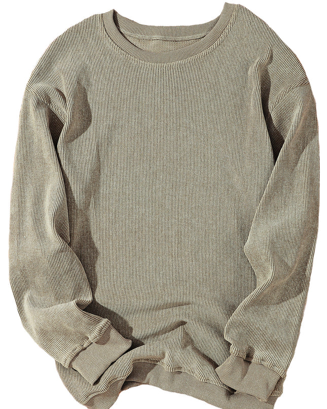 Green Ribbed Round Neck Drop Sleeve Pullover Sweatshirt