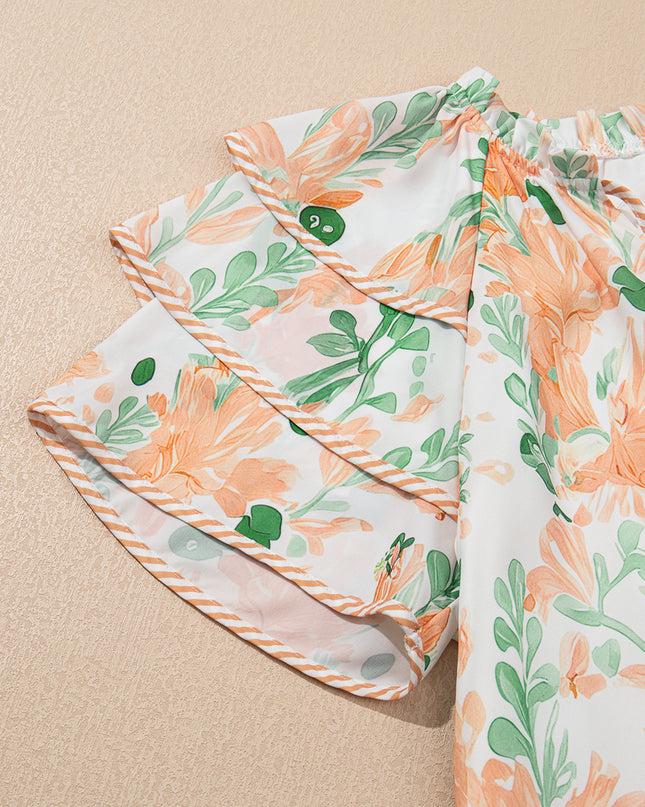 Orange Floral Contrast Edge Ruffle Sleeve Tie Neck Mini Dress