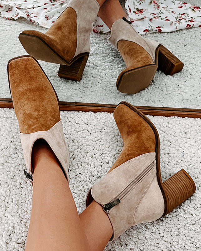 Camel Two Tone Faux Suede Square Toe Chunky Heel Boots