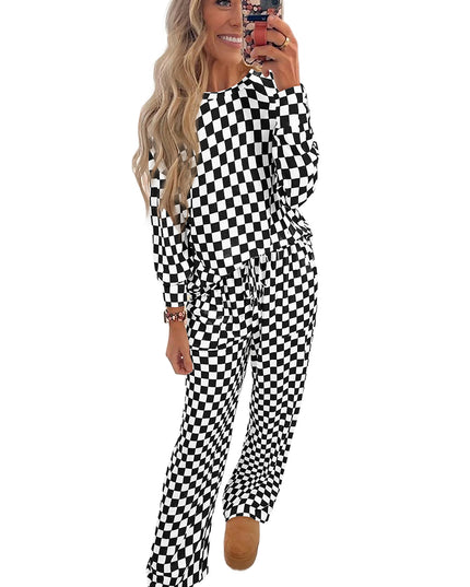 Beige Checkered Print Long Sleeve Loose Fit Pajama Set