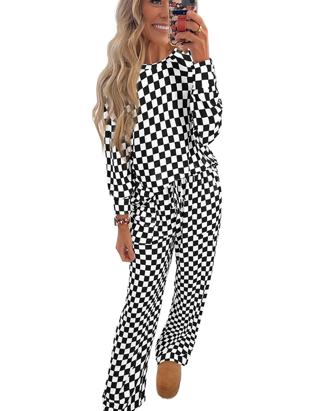 Beige Checkered Print Long Sleeve Loose Fit Pajama Set