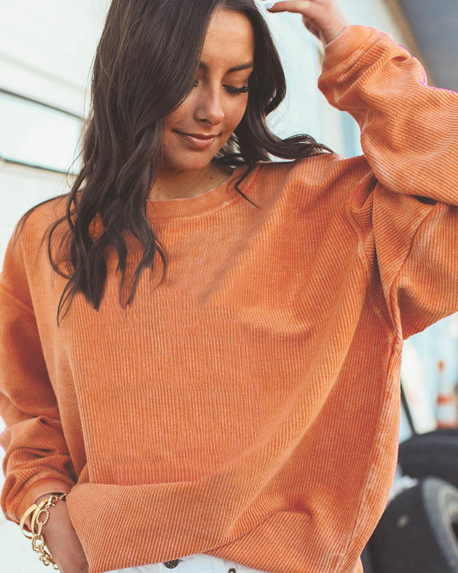 Red Plain Drop Sleeve Rib Knit Oversized Sweatshirt