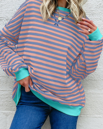 Blue Striped Contrast Trim Drop Shoulder Sweatshirt