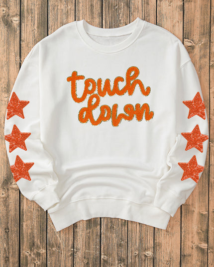 Beige Touchdown Star Sleeve Sweatshirt – Game Day Football Glitter Graphic Pullover