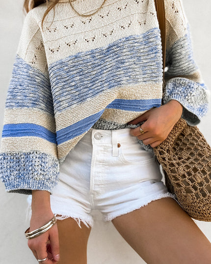 Light Blue Striped Puff Sleeve Sweater – Hollow Knit Casual Pullover