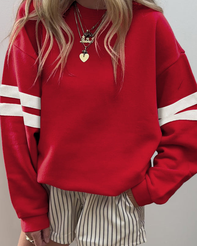 Fiery Red Preppy Striped Sleeve Loose Sweatshirt