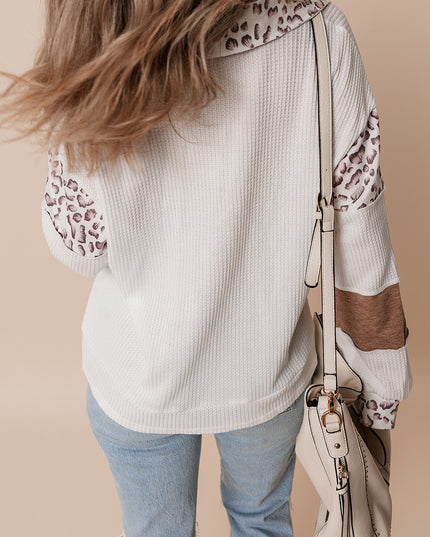 White game day Bow Embroidered Leopard Patchwork Collared Top