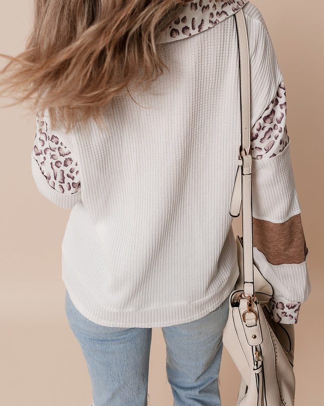 White game day Bow Embroidered Leopard Patchwork Collared Top