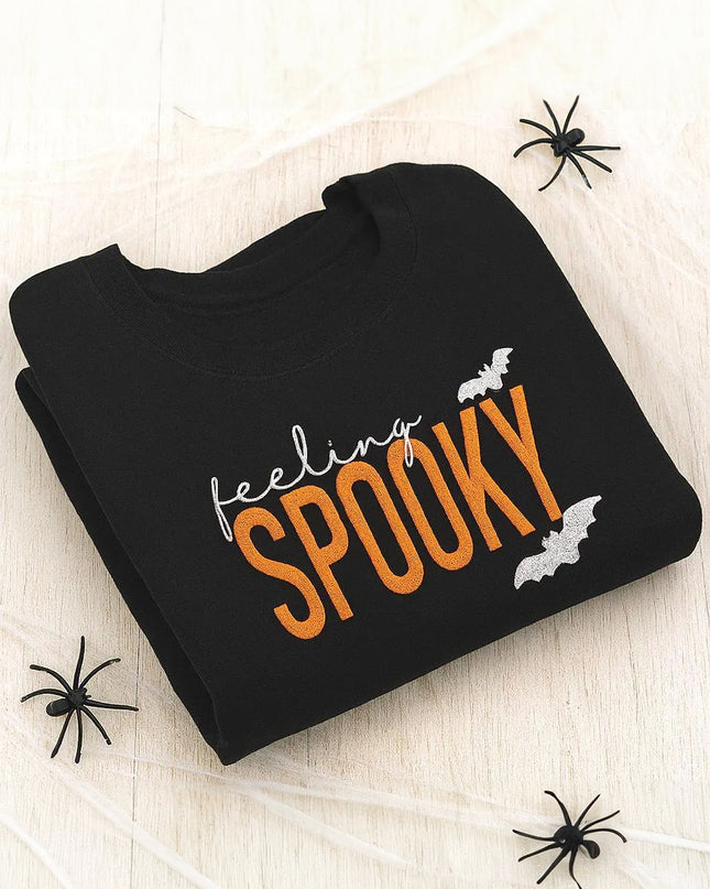 Feeling Spooky Halloween Sweatshirt – Embroidered Graphic Oversized Black Pullover