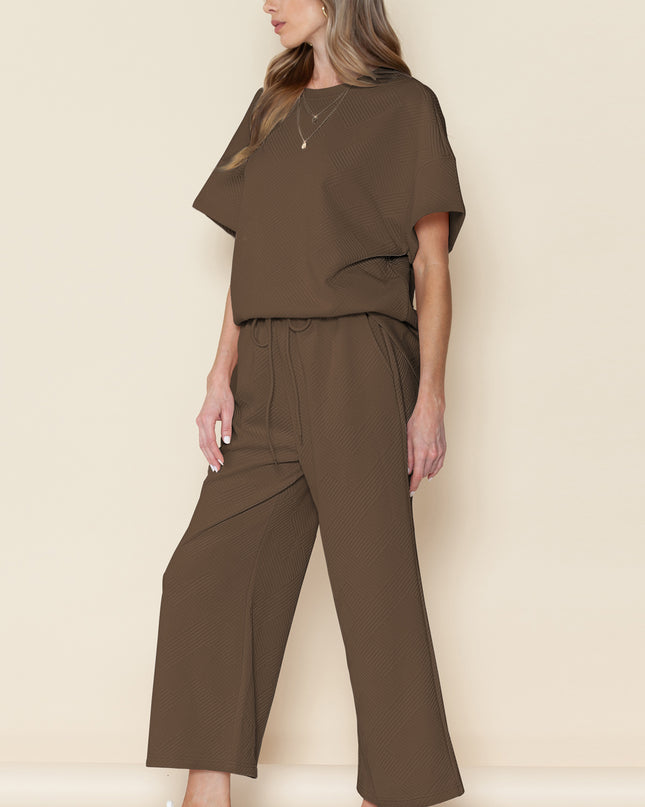 Black Textured Loose Fit T Shirt and Drawstring Pants Set