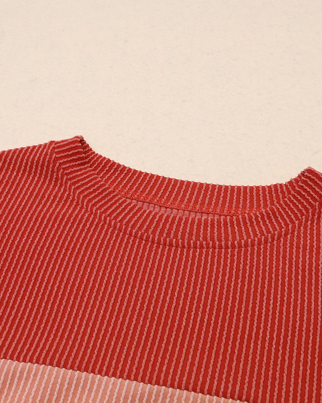 Multicolor Colorblock Ribbed Loose Long Sleeve Top