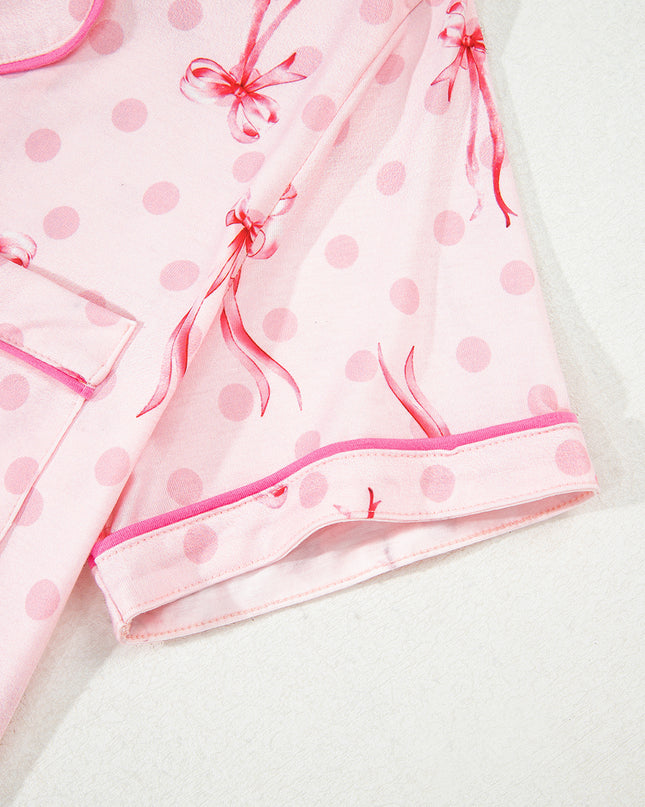 Pink Polka Dot and Bow Print Ruffle Hem Shorts Pajama Set